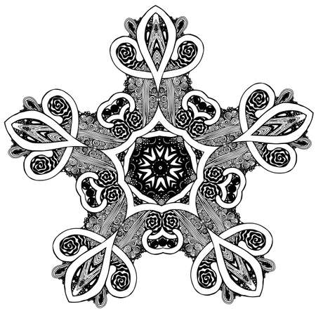 Snowflake black and white freehand black ink pattern symmetrical vector illustrationのイラスト素材