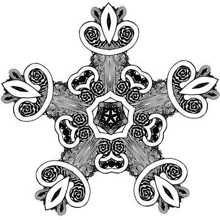 Snowflake black and white freehand black ink pattern symmetrical vector illustration isolationのイラスト素材