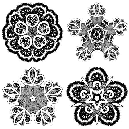 Snowflake black and white freehand black ink pattern symmetrical set illustrationの写真素材