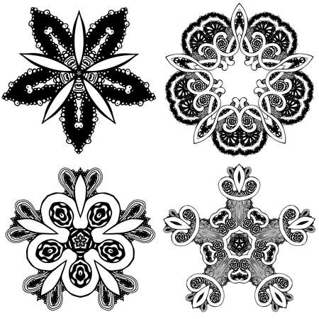 Snowflake black and white freehand black ink pattern symmetrical set illustrationの写真素材