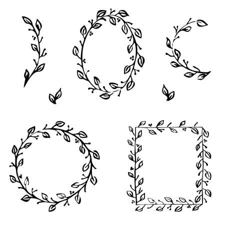 The frame with leaves is oval, round, square, the element is drawn by hand. Vector illustration, postcard, letter, design elementのイラスト素材