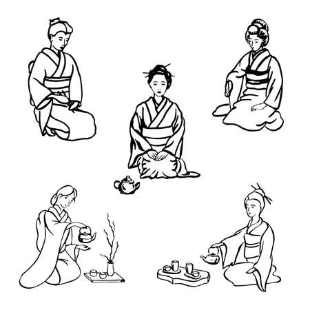 Japanese women and tea ceremony - linear drawing with black ink in hands. Geisha line of arms silhouetteのイラスト素材