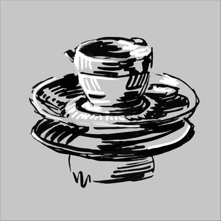Black and white drawing on a gray background - cup of tea teapot coffee press piece of cake on a dish. Hand-drawn sketch - vector illustrationの写真素材
