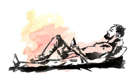 Evening relaxing rest men in bed with phone, sketch watercolor and ink - Hand drawing vector illustrationのイラスト素材