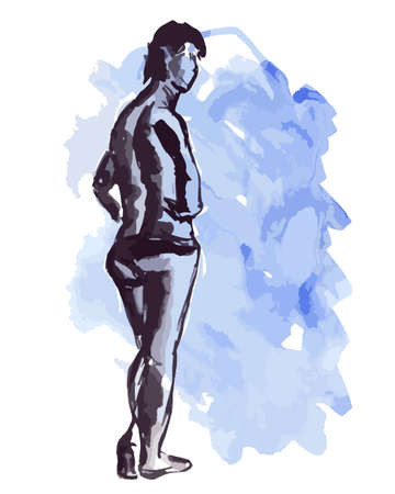 Hand drawing vector illustration - black ink girl nude on a light mixed watercolor backgroundのイラスト素材