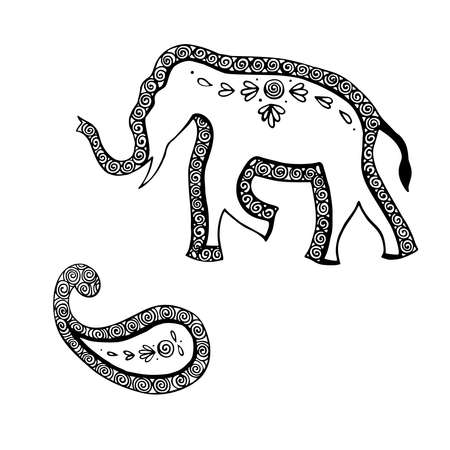 Indian ornament elephant and paisley - hand drawing in black ink vector illustrationのイラスト素材