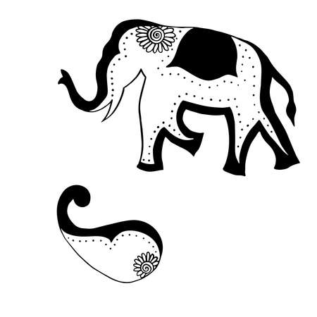 Indian ornament elephant and paisley - hand drawing in black ink vector illustrationのイラスト素材