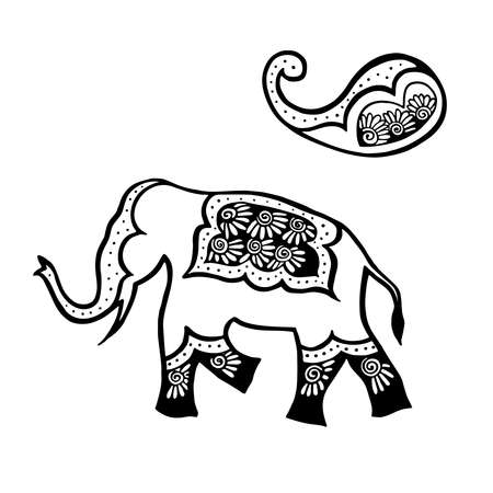 Indian ornament elephant and paisley - hand drawing in black ink vector illustrationのイラスト素材