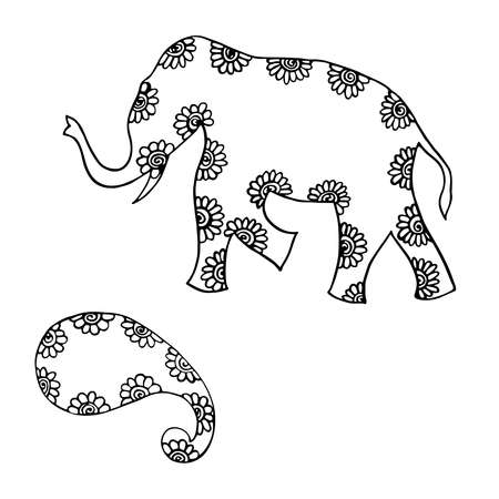 Indian ornament elephant and paisley - hand drawing in black ink vector illustrationのイラスト素材