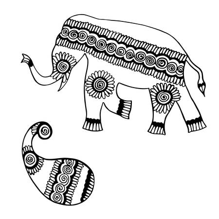 Indian ornament elephant and paisley - hand drawing in black ink vector illustrationのイラスト素材