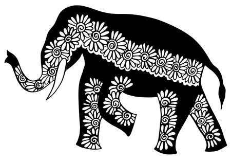Indian ornament elephant and paisley - hand drawing in black ink vector illustrationのイラスト素材