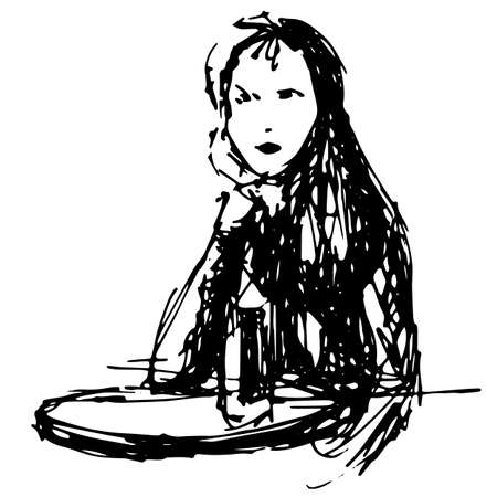 Sad girl black and white quick sketch of head hands silhouette figure - Stock Vector Freehand illustrationのイラスト素材