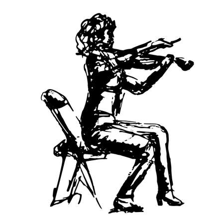 A figure in profile of a violinist on a chair in jeans playing a piece of music - a quick black and white freehand sketch vector illustrationのイラスト素材