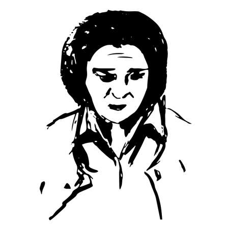 Serious frowning strict woman - quick black and white freehand sketch vector illustrationのイラスト素材