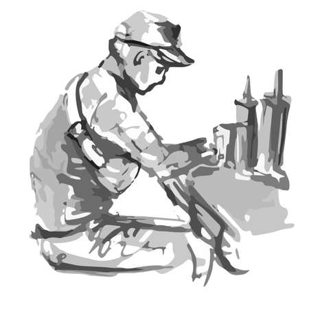 Pensive man without a beard in a cap eats a hamburger in a cafe - quick black and white freehand sketch vector illustrationのイラスト素材