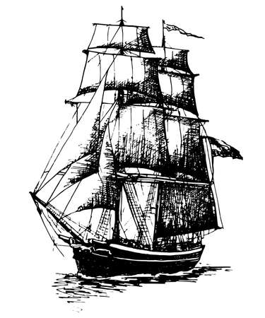 Ship sailing yacht boat antique vintage antique black ink hand drawing vector illustrationのイラスト素材