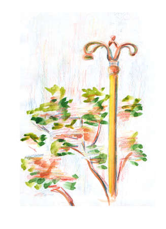 Old lantern in a park among green foliage - hand-drawn illustration with watercolor and colored pencilsの写真素材