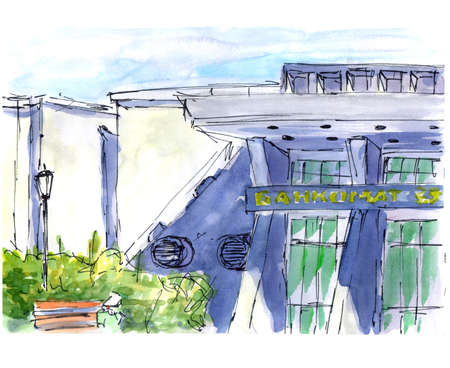 Hotel isolated near sea or seafront resort view illustration, flat cartoon modern eco hotel building on green grass, beach and promenade or streetの写真素材