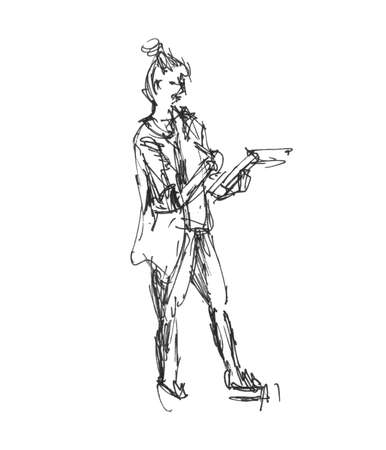Artist draws a standing woman girl - sketch hand-drawn illustration with marker linerの写真素材