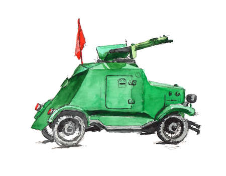 Armored green military vehicle with a machine gun in the Soviet Union - sketch hand-drawn watercolor liner illustrationの写真素材
