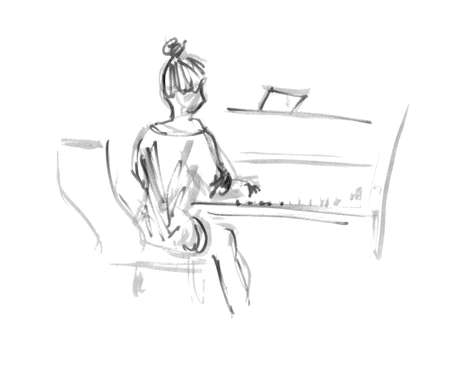 Black-white sketch woman from the back playing piano - quick freehand sketch illustration gray linerの写真素材