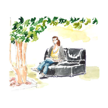 Seated artist draws sketches in a winter garden among plants - quick freehand sketch watercolors and liners illustrationの写真素材