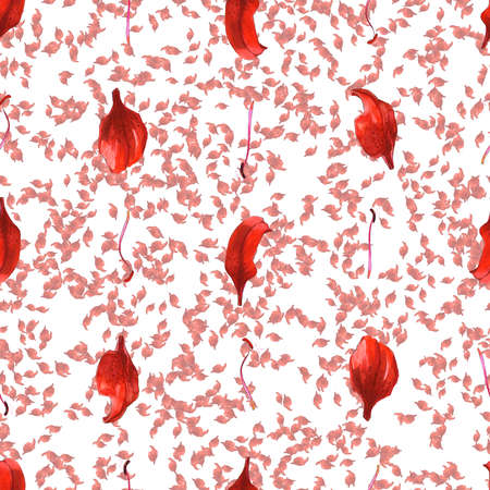 Seamless pattern orange red yellow lily petals stamens flower - watercolor illustrationの写真素材