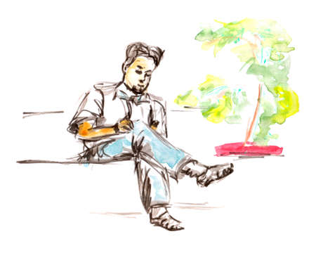 Seated artist draws sketches in a winter garden among plants - quick freehand sketch watercolors and liners illustrationの写真素材