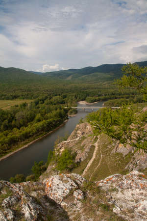 Mountain landscape with river and sky - natural monument Shamans trail in the Republic of Khakassiaの写真素材