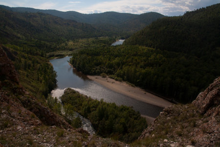Mountain landscape with river and sky - natural monument Shaman's trail in the Republic of Khakassia photoの写真素材