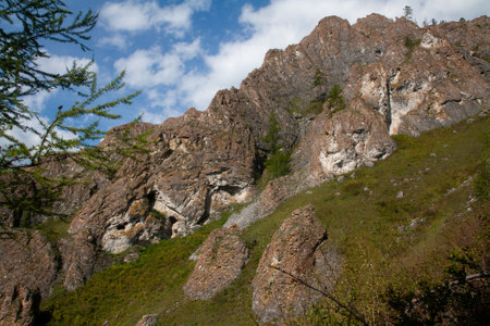 Mountain landscape with river and sky - natural monument Shaman's trail in the Republic of Khakassia photoの写真素材