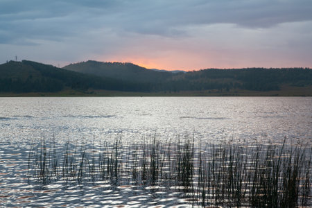 Pink sunset on a warm summer lake with reeds - photo with mountainsの写真素材