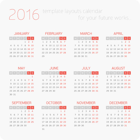 Calendar for 2016 on White Background. Week Starts Monday. Simple Vector Template.のイラスト素材
