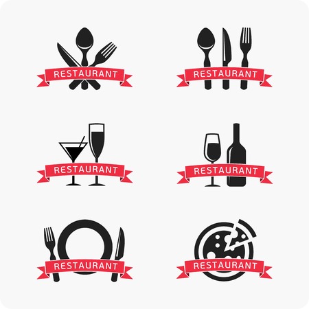 Set of vector logos for restaurants, cafes, fast-food chains. Patterns posters with slogans.のイラスト素材
