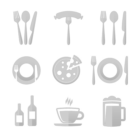 Set of vector icons restaurant , cafe, bar. Vector illustrations of kitchen utensils. Templates spoons, forks , plates for further use in your work.のイラスト素材
