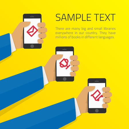Vector illustration of hands using mobile smartphone with business applications and social media content isolated illustration. Illustration of mobile telephone in his hand in the flat style.のイラスト素材