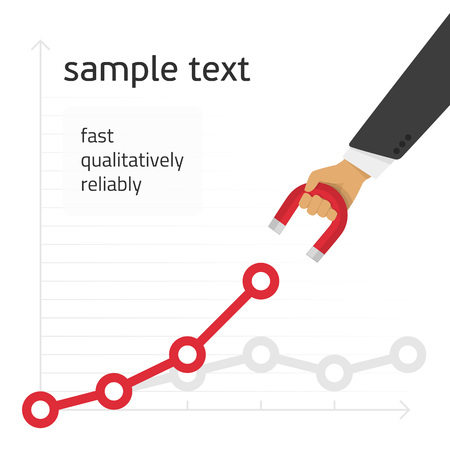Vector template Infographic magnet in the man hand draws a line graph. Modern illustration of business promotion , increased sales of enterprise development . Creative illustration in a flat style.のイラスト素材