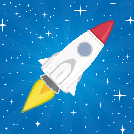 Vector illustration of a rocket in space against the background of stars. Beautiful spaceship flying among the stars. Project start up - launch concept in a flat style.のイラスト素材