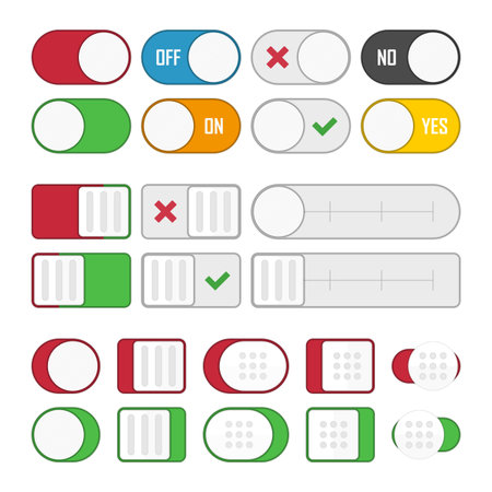 Vector set of universal switches for web design and applications. Toggle switch set, On and Off sliders, vector elements.のイラスト素材
