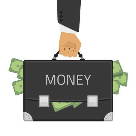 Vector illustration of a briefcase full of money in the man hand. Illustration in a flat style man holding a suitcase full of money.のイラスト素材