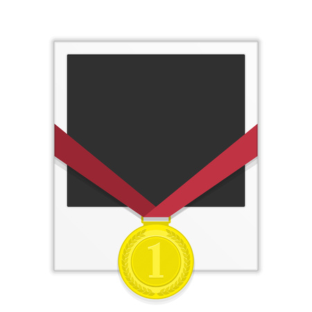 Vector photo frame template with medal competition winner. Photo frame to win the competition. Gold medal on isolated background photo frames.のイラスト素材
