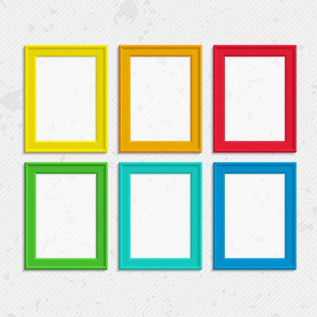 Set of colorful wooden frames. Wooden square picture frames of colorful set for your web design. Abstract colorful picture frames on vintage background. Vector set of color photo frames on the wall.のイラスト素材