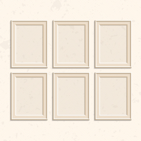 Picture frame vector. Photo art gallery on vintage wall. Set of a vector framework in realistic style. Blank picture frame template set isolated on vintage wall. Traditional realistic frames set.のイラスト素材