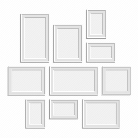 Picture frame vector. Photo art gallery on vintage wall. Set of a vector framework in realistic style. Blank picture frame template set isolated on vintage wall. Traditional realistic frames set.のイラスト素材