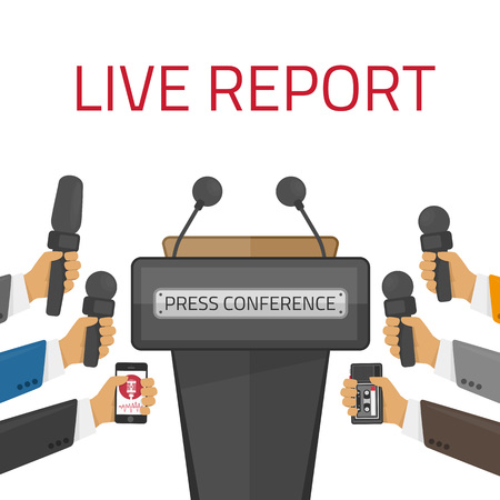 Press conference. Live report, live news concept. Many hands of journalists with microphones. Tribune with microphones. Conference and debate, tribune for seminar. Vector illustration in flat style.のイラスト素材