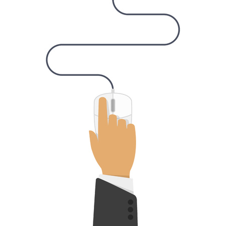 Vector illustration hand on computer mouse. Computer mouse icon. Click with mouse concept in flat design style. Tools programmer, systems engineer, web designers, freelancers. Computer mouse in hand.のイラスト素材