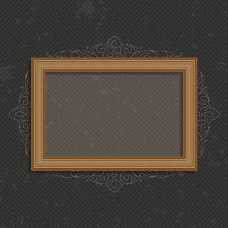Wooden frame on a black background. Vector photo art frame on vintage wall. Wooden Frame for Photo or Pictures, isolated on dark, stylized a vintage background. Wooden frame in realistic style.のイラスト素材