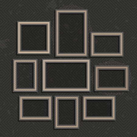 Picture frame vector.Photo art gallery on vintage wall. Set of a vector framework in realistic style. Wooden Frame for Photo or Pictures, isolated on dark, stylized a vintage background. Old frame setのイラスト素材