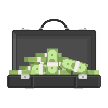 Suitcase money vector illustration in flat style, suitcase with money concept. Open suitcase full of money, business illustration. Suitcase full of money. Suitcase money concept. Suitcase money icon.のイラスト素材
