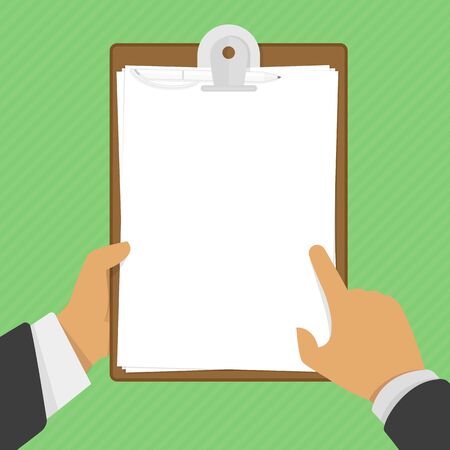 Blank clipboard in hands businessman. Empty space for text. Man points finger area for text. Vector illustration, flat design. Blank sheet white paper. Place for communication, questionnaire, report.のイラスト素材